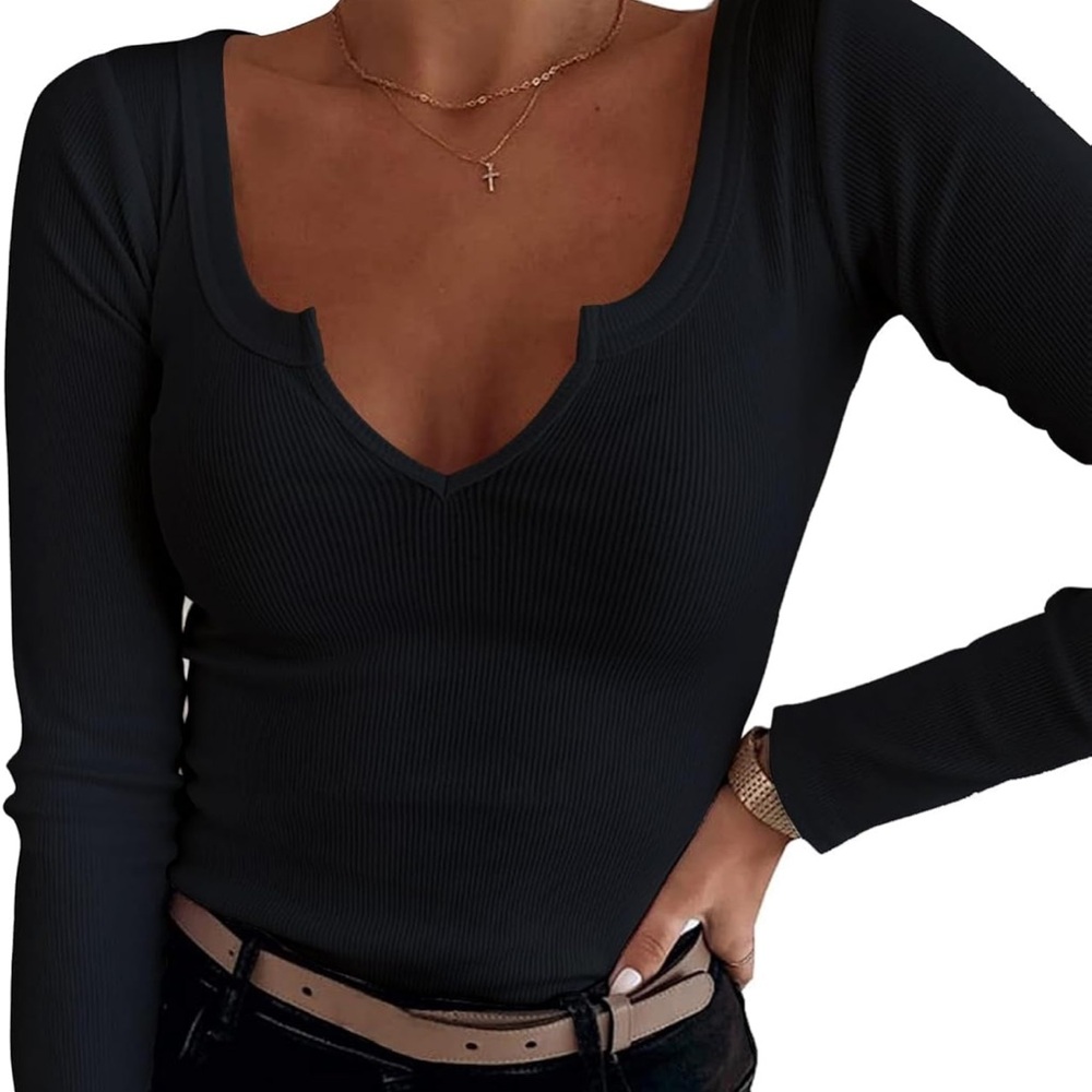 Black Ribbed V Neck Top